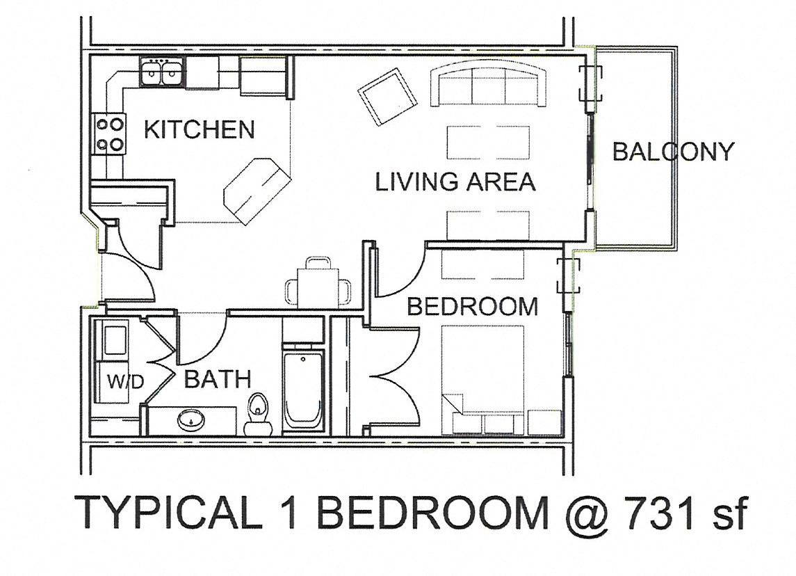 Floor plan for 1 bed, 1 bath, 908 sqft